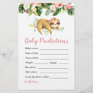 Tropical Girl Sloth Baby Shower Baby Predictions