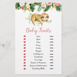 Tropical Girl Sloth Baby Shower Baby Traits