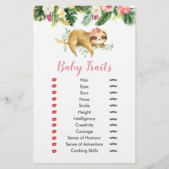 Tropical Girl Sloth Baby Shower Baby Traits (Front)