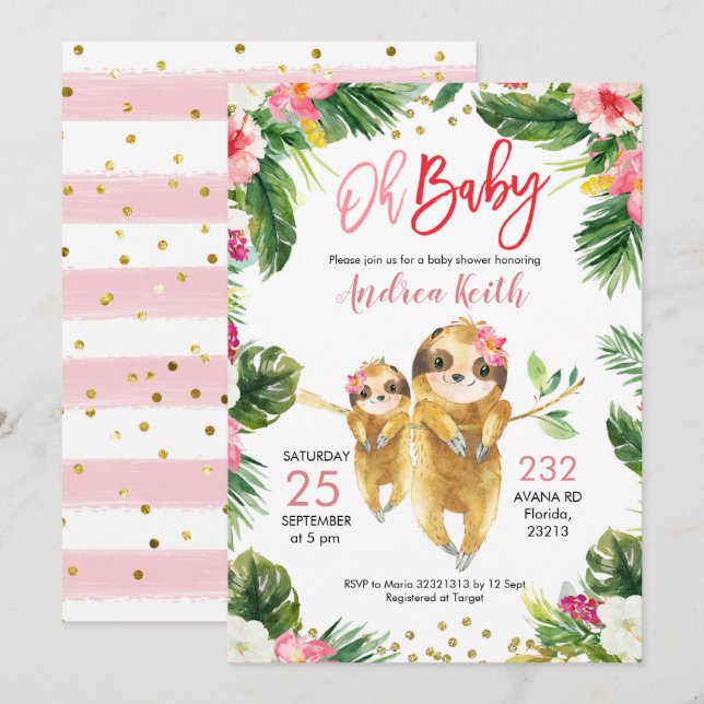 Tropical Girl Sloth Baby Shower Invitation (Front/Back)