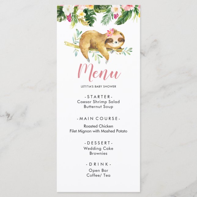 Tropical Girl Sloth Baby Shower Menu Template (Front)
