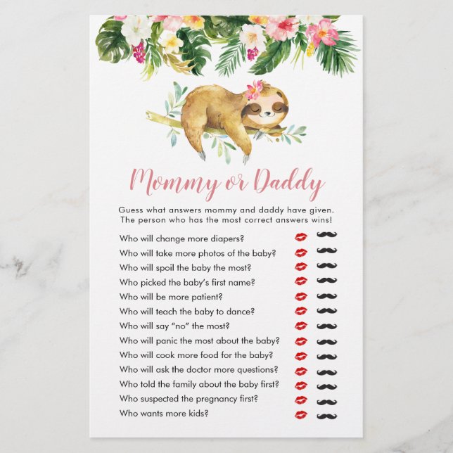 Tropical Girl Sloth Baby Shower Mummy or Daddy (Front)