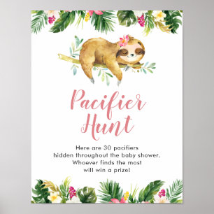 Tropical Girl Sloth Baby Shower Pacifier Hunt Poster
