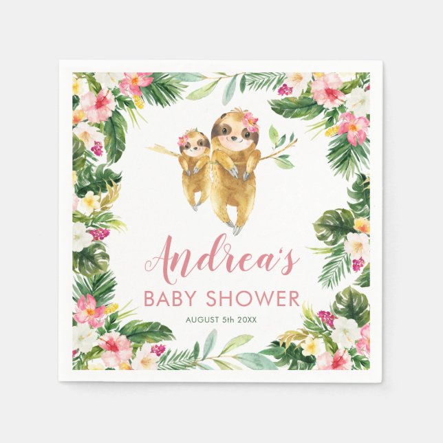 Tropical Girl Sloth Baby Shower Paper Napkin (Front)