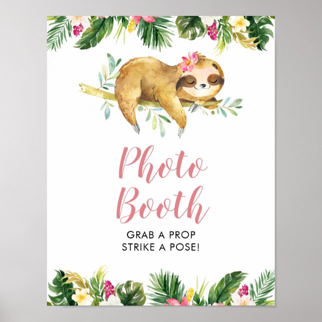 Tropical Girl Sloth Baby Shower Photo Booth Sign (Front)