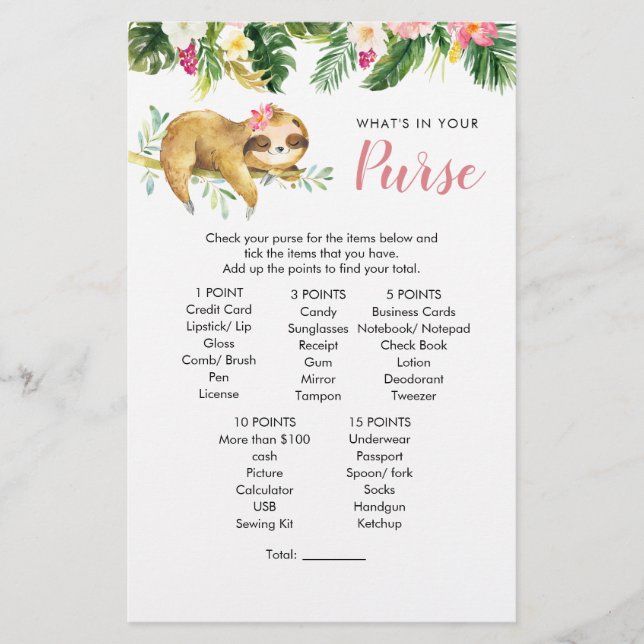 Tropical Girl Sloth Baby Shower Purse Game (Front)