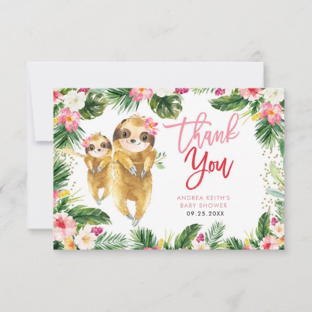 Tropical Girl Sloth Baby Shower Thank You Card (Front)