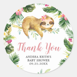 Tropical Girl Sloth Baby Shower Thank You Sticker