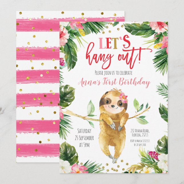 Tropical Girl Sloth Birthday Invitation (Front/Back)