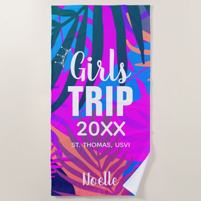 Tropical Girls Trip with Crown, Year, and Name Beach Towel (Front)