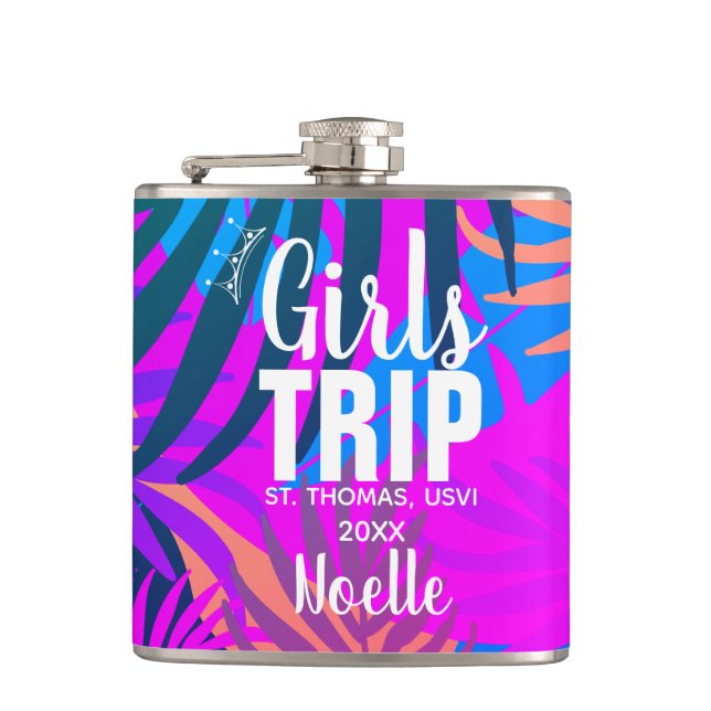 Tropical Girls Trip with Crown, Year, and Name Hip Flask (Front)