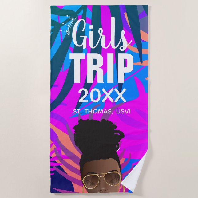 Tropical Girls Trip, Year, Name, Black Woman Beach Towel (Front)