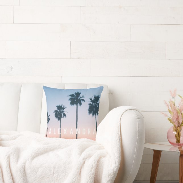 Tropical Girly Pink Blue Palm Tree Sunset Name Cushion (Couch)