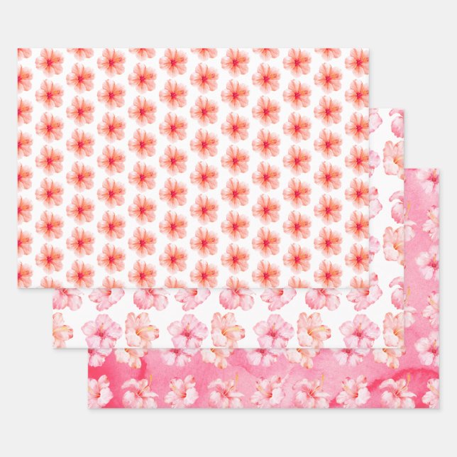 Tropical Girly Pink Peach Hibiscus Flower Wrapping Paper Sheet (Set)