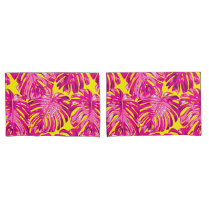 Tropical Girly Pink Yellow Palm Leaves Pillowcase