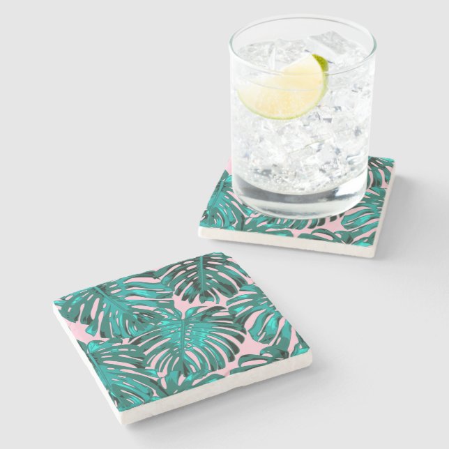 Tropical Girly Turquoise Pink Palm Leaves Stone Coaster (Side)