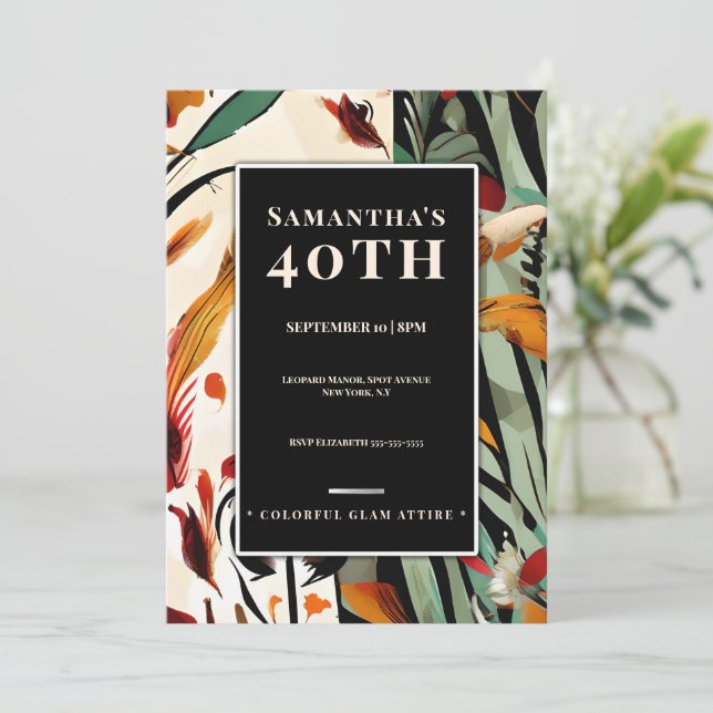 Tropical Glam 40th Birthday Invitation Bold Colour (Standing Front)
