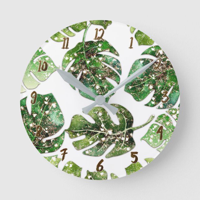 Tropical Glam Gold Glitter Palm Leaves Glamour Round Clock (Front)