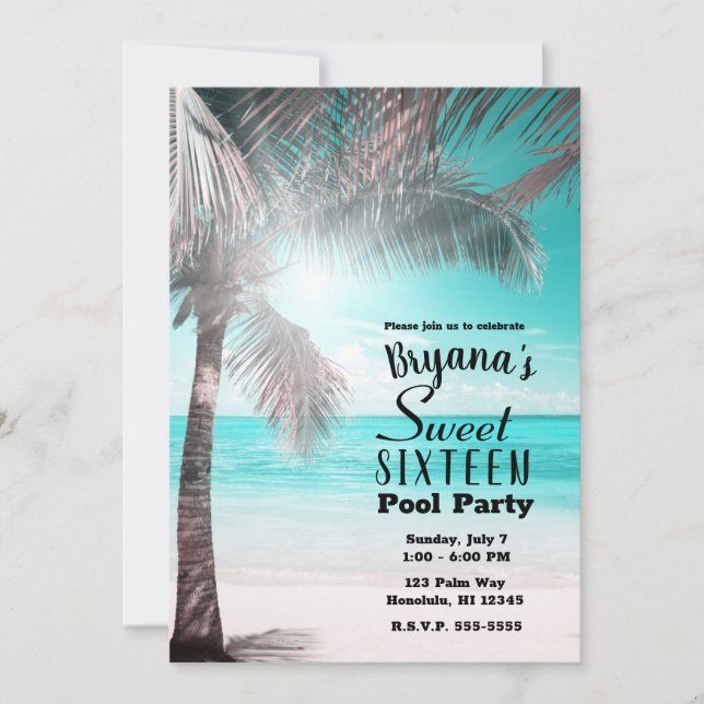 Tropical Glam Pink Aqua Blue Beach Palm Sweet 16 Invitation (Front)