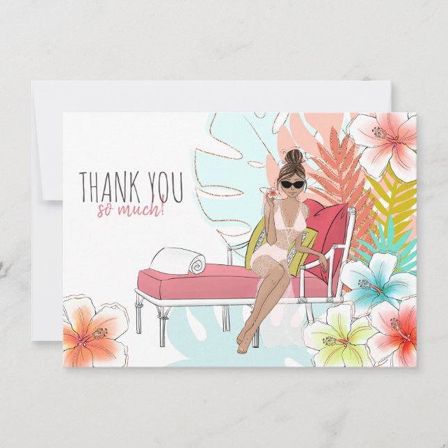 Tropical Glitter Bachelorette Party Brunette Bride Thank You Card (Front)