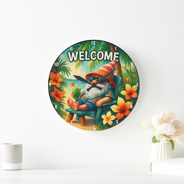 Tropical Gnome-Themed Vibrant Summer Hibiscus Art Large Clock (Home)
