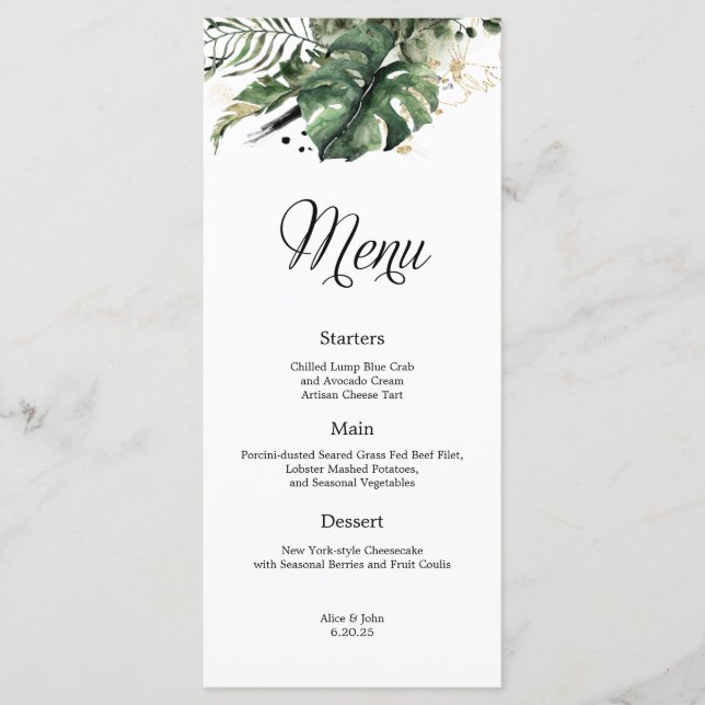 Tropical Gold and Greenery Wedding Menu (Front)