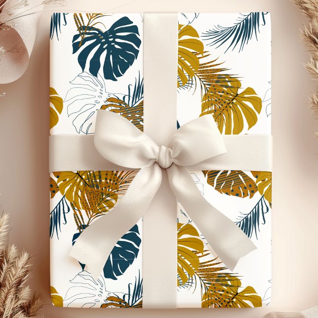 Tropical Gold and Navy Blue Palm Leaves Pattern Wrapping Paper (Creator Uploaded)