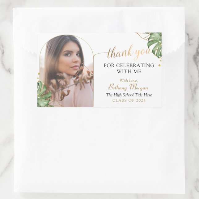 Tropical Gold Arch Photo Graduation Thank You Rectangular Sticker (Bag)