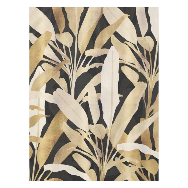 Tropical Gold Banana Leaves Black Pattern Tablecloth (Front)
