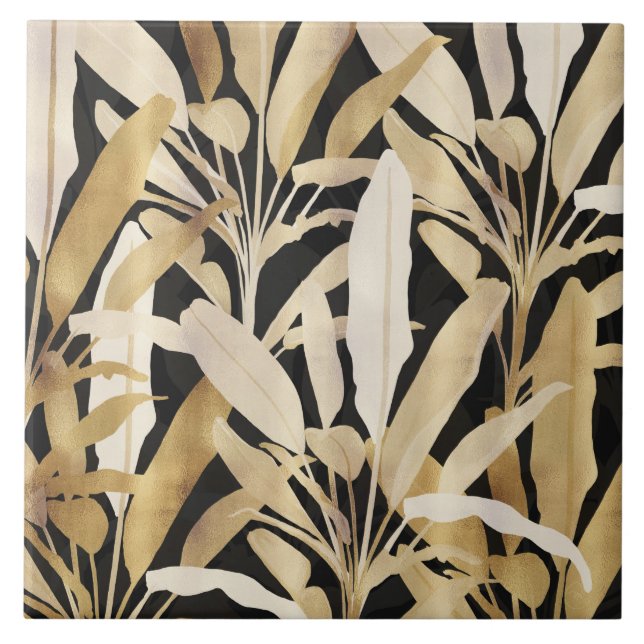 Tropical Gold Banana Leaves Black Pattern Tile (Front)