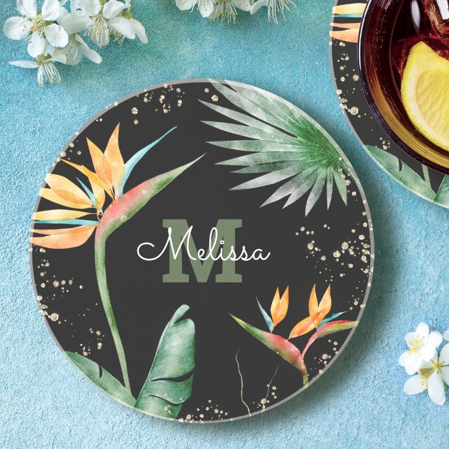 Tropical Gold Black Floral Foliage Monogram Script Coaster (Creator Uploaded)