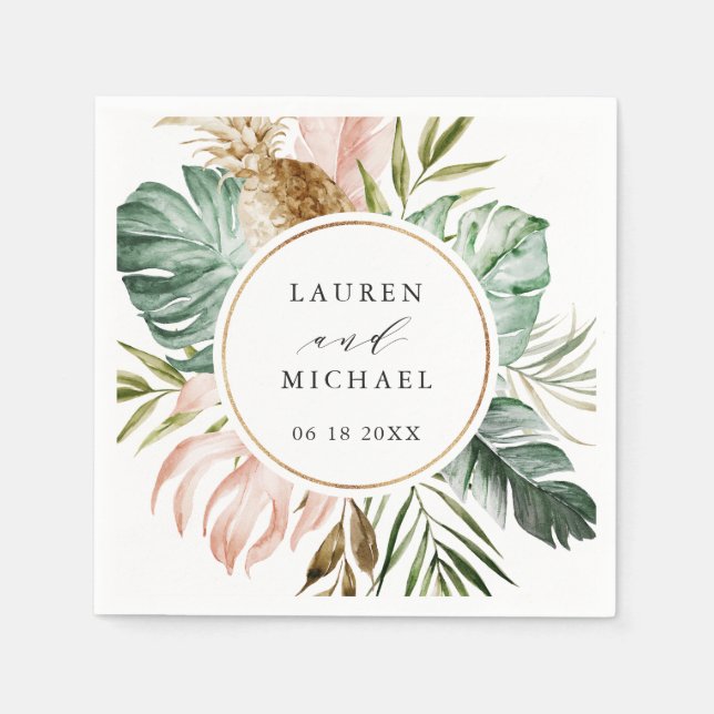 Tropical Gold Blush Palm Personalised Wedding Napkin (Front)
