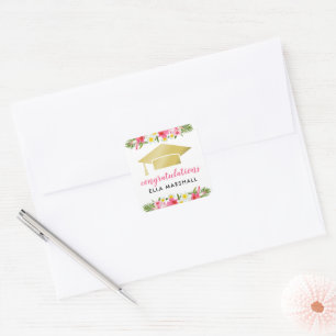 Tropical Gold Cap Pink Floral Graduation Party Square Sticker