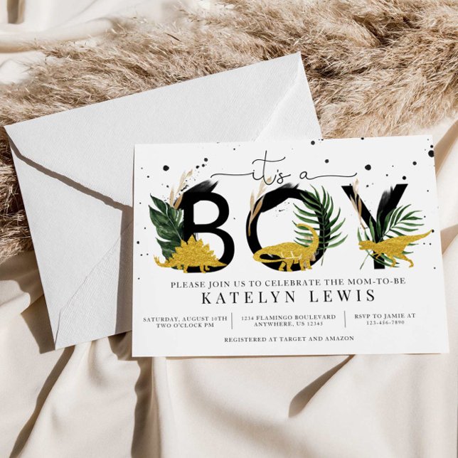 Tropical Gold Dinosaurs Baby Shower Invitation (Creator Uploaded)