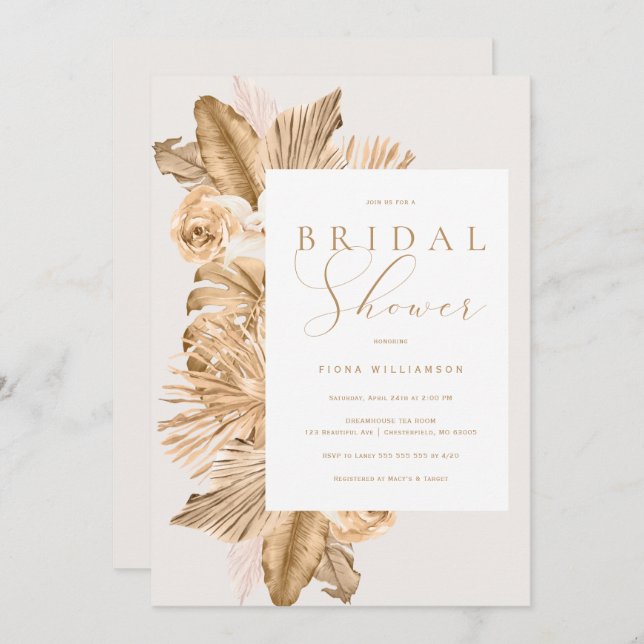 Tropical Gold Dried Pampas Bridal Shower Invitation (Front/Back)