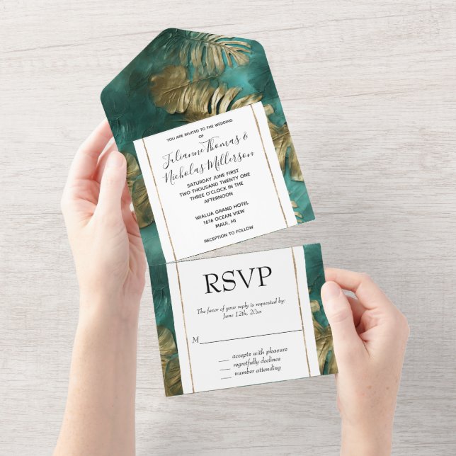Tropical Gold Emerald Green Leaves All In One Invitation (Tearaway)