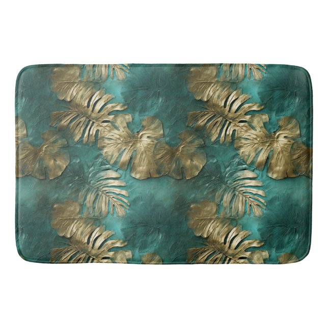 Tropical Gold Emerald Green Leaves Bath Mat (Front)