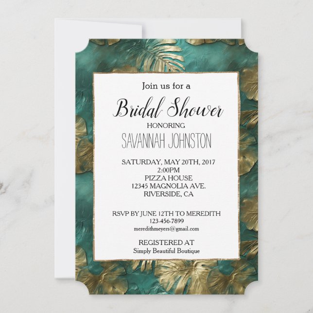 Tropical Gold Emerald Green Leaves Invitation (Front)