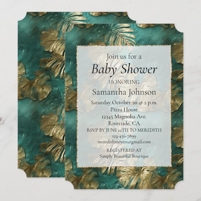 Tropical Gold Emerald Green Leaves Invitation (Front/Back)