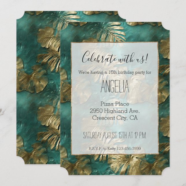 Tropical Gold Emerald Green Leaves Invitation (Front/Back)
