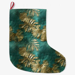 Tropical Gold Emerald Green Leaves Large Christmas Stocking