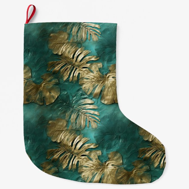 Tropical Gold Emerald Green Leaves Large Christmas Stocking (Front)