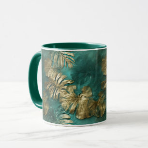 Tropical Gold Emerald Green Leaves Mug