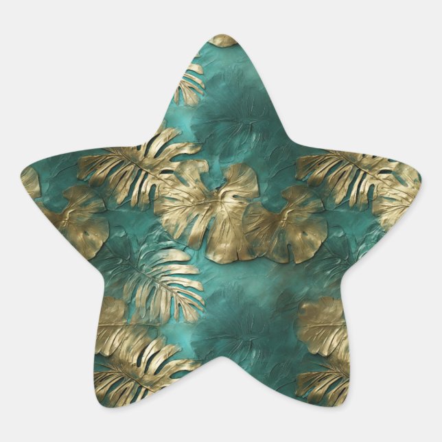 Tropical Gold Emerald Green Leaves Star Sticker (Front)