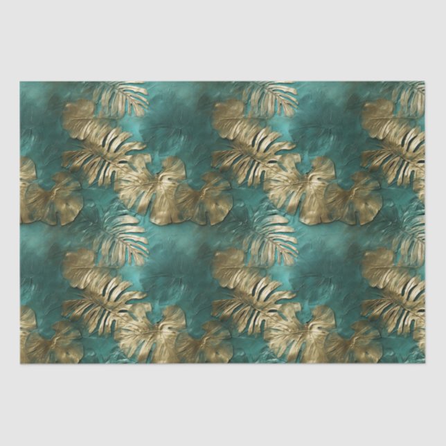 Tropical Gold Emerald Green Leaves Tissue Paper (Front)