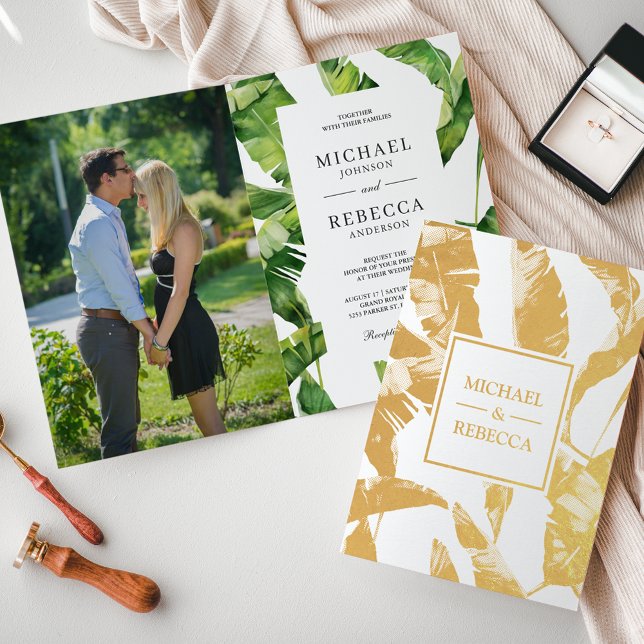 Tropical Gold Foil Banana Leaves Wedding Invite (Creator Uploaded)