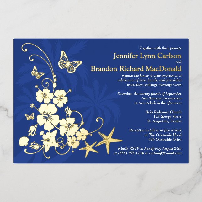 Tropical Gold Foil Flowers, Butterflies Wedding (Front)