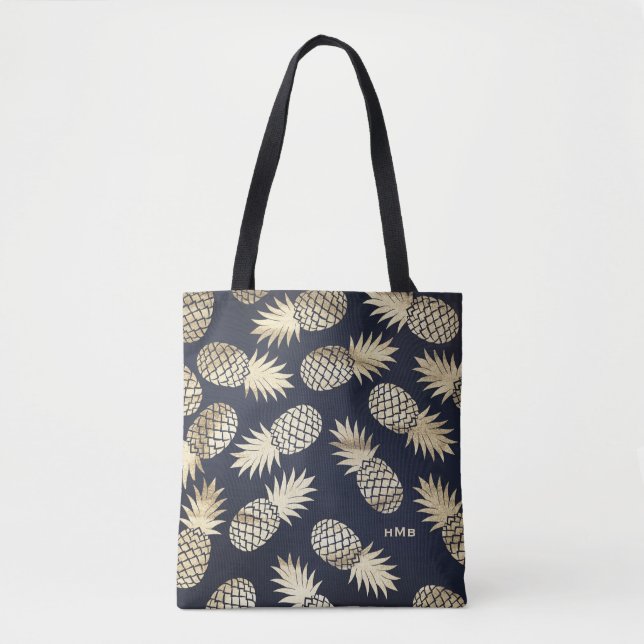 Tropical Gold Foil Pineapple Pattern Blue Monogram Tote Bag (Front)