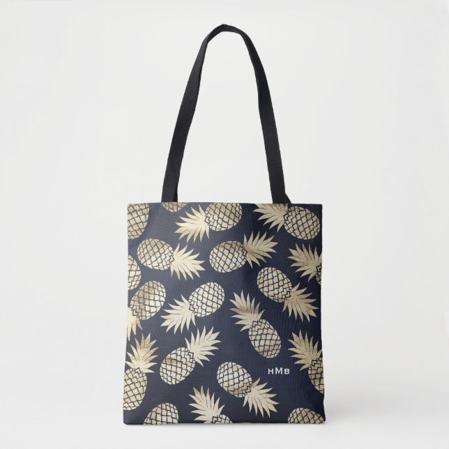 Tropical Gold Foil Pineapple Pattern Blue Monogram Tote Bag (Front)