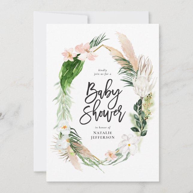 Tropical gold geometric floral foliage girly save the date (Front)